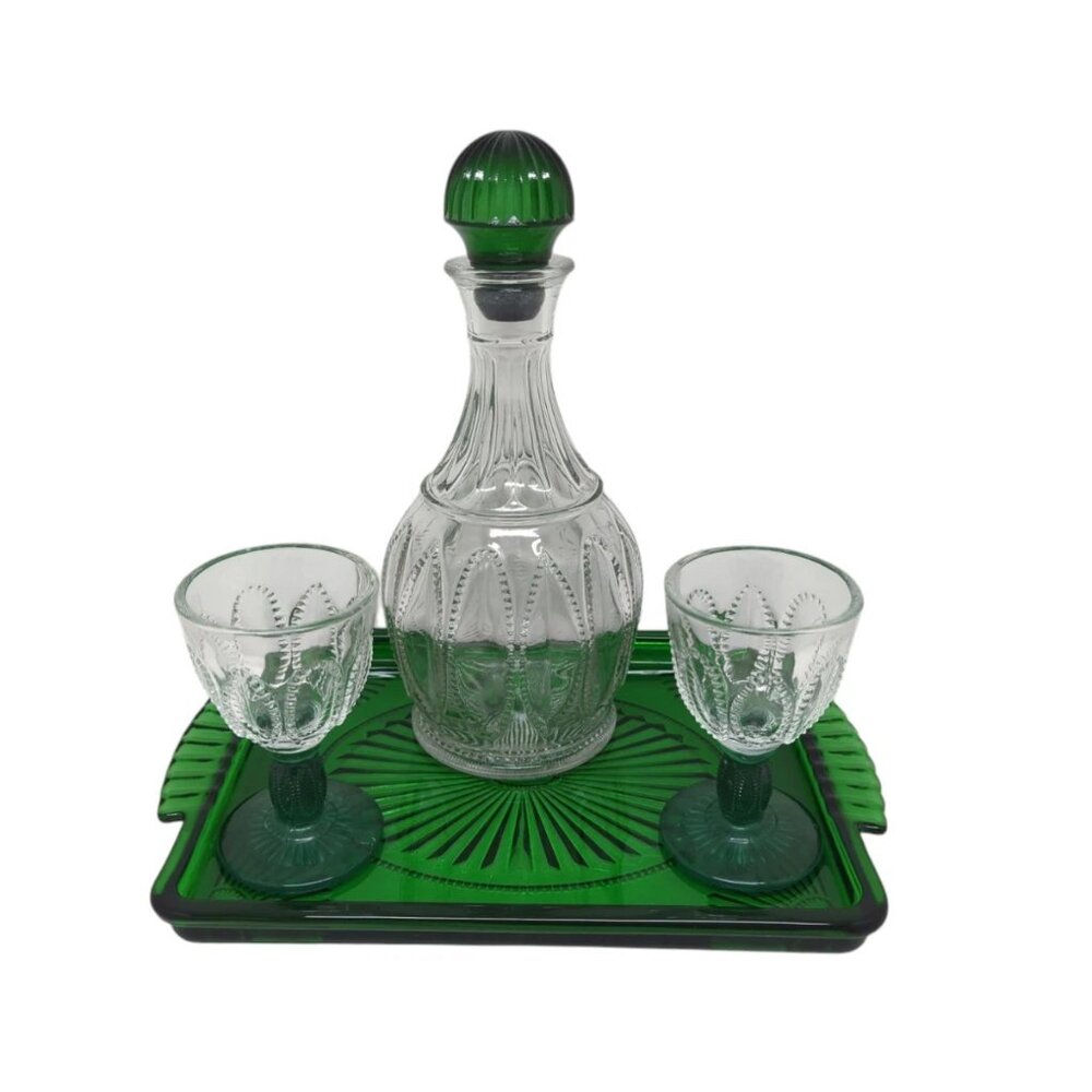Vintage Avon 1982 Emerald Accent Cordial Set (Decanter/Tray/2 Glasses)
